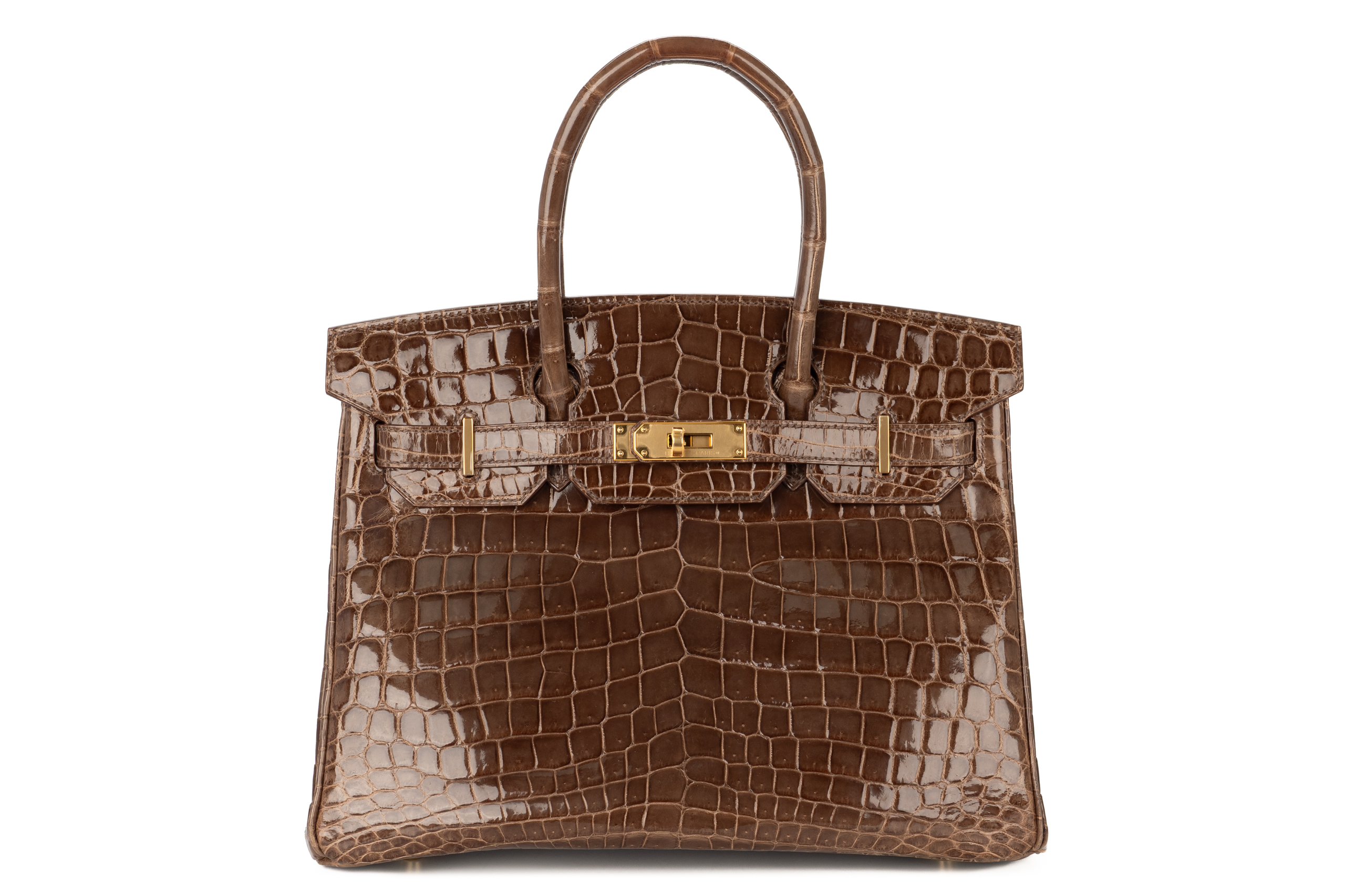 Hermès Birkin 30 Gris Elephant Shiny Crocodile Niloticus Retoune Gold Hardware