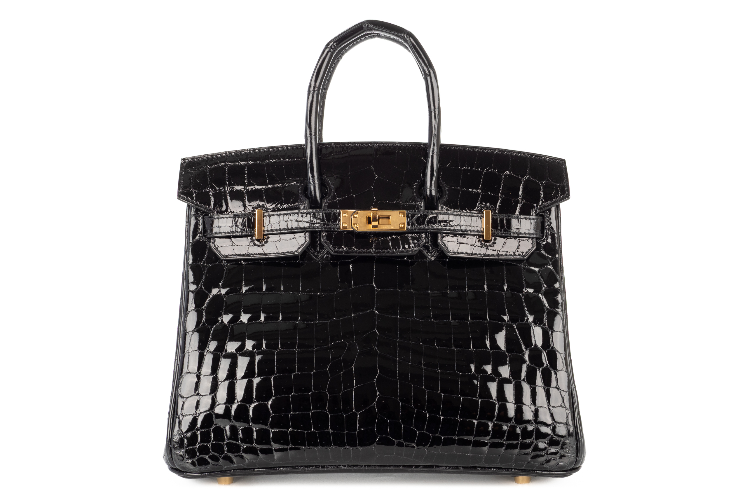 Hermès Birkin 25 Noir – Black Shiny Crocodile Porosus Retourne Gold Hardware