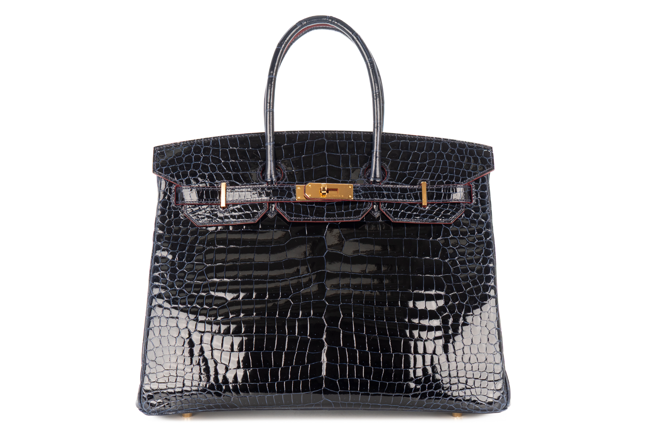 Hermès Birkin 35 Bleu Marine / Rouge H Shiny Crocodile Gold Hardware