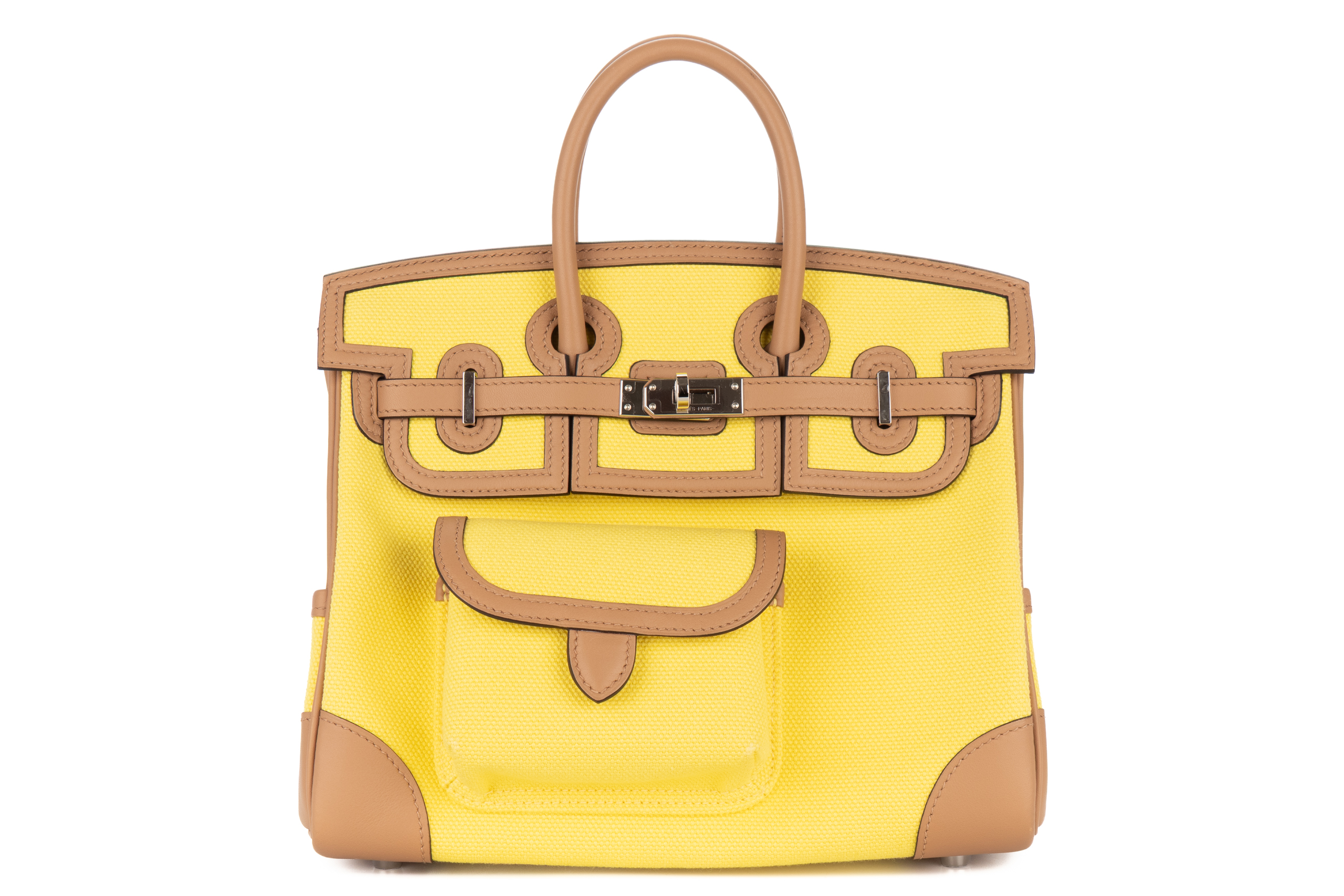 Hermès Birkin 25 Cargo Jaune Citron / Chai Toile / Swift Palladium Hardware