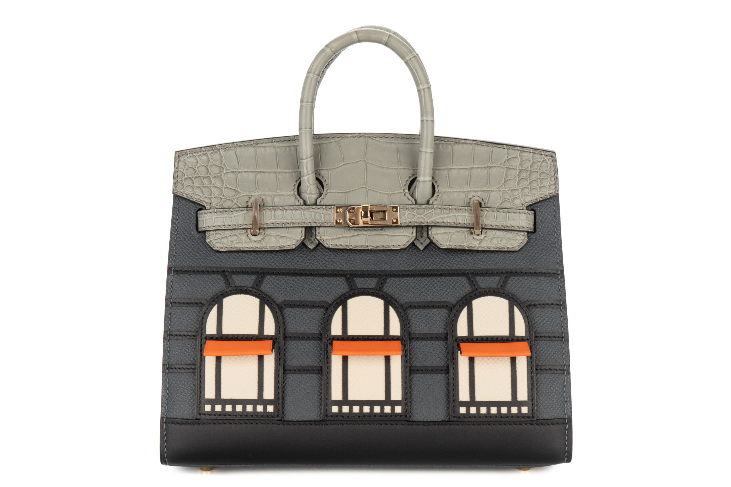 Hermès Birkin 20 Faubourg Rainy Days Gris Misty / Gris Ciment / Noir – Black / Craie / Orange H Epsom / Swift / Matte Alligator Permabrass Hardware