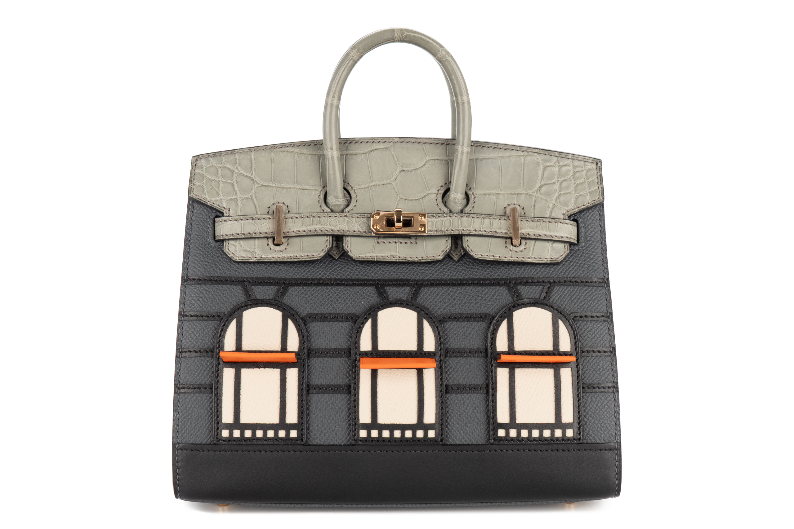 Hermès Birkin 20 Faubourg Rainy Days Gris Misty / Gris Ciment / Noir – Black / Craie / Orange H Epsom / Swift / Sombrero / Matte Alligator Permabrass Hardware