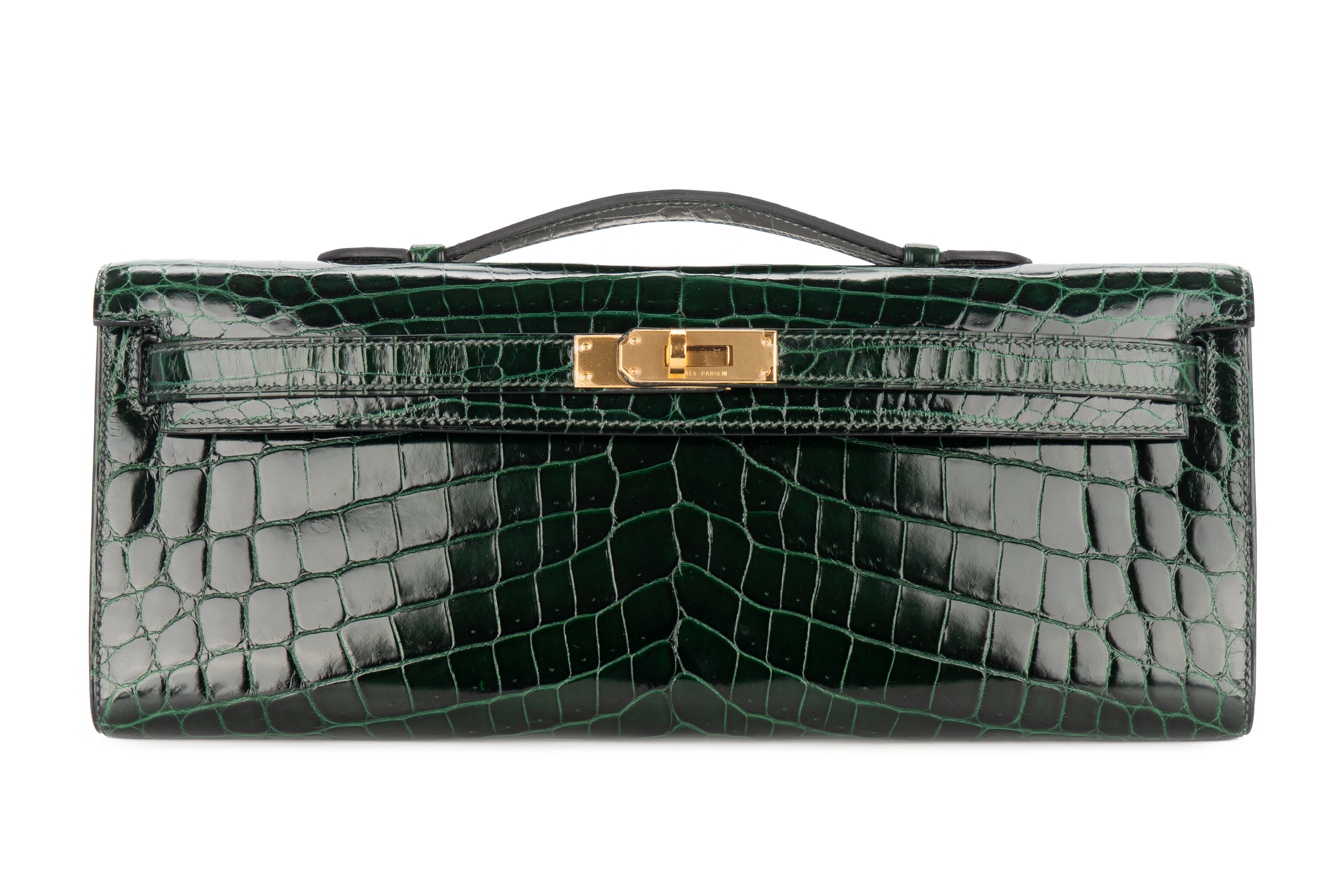 Hermès Kelly Cut Vert Fonce Shiny Crocodile Niloticus Gold Hardware